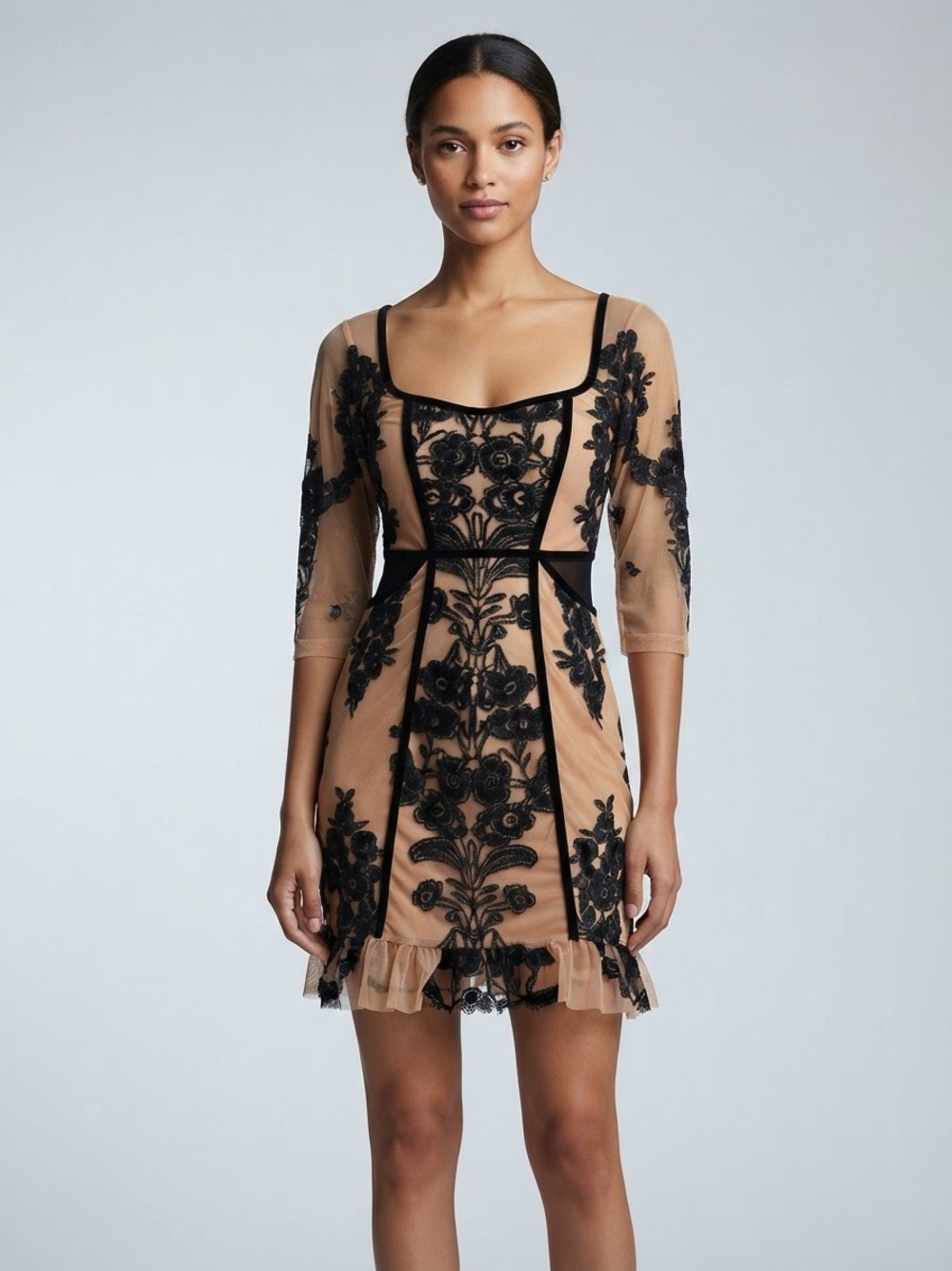 For Love and Lemons Temecula Mini Dress Sheer Embroidered Beige and Black Cutout